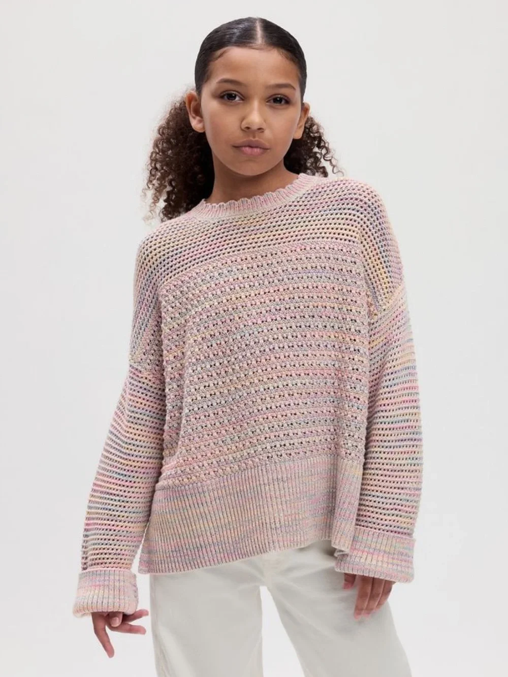 💗 GAP Multicolor Heathered Boxy Crewneck 100% Cotton Sweater — Pink, Gray, Cream